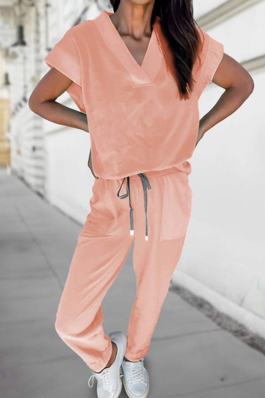 Apricot Pink Solid Color V Neck Tee Drawstring Pant Set - Crowned Energy CO.