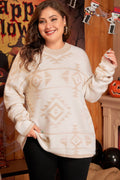 Crowned Energy CO. Apricot / 1X / 65%Acrylic+35%Polyamide Dear-Lover Dropshipping Plus Size/Plus Size Sweaters & Cardigans Apricot Plus Size Western Aztec Print Loose Sweater