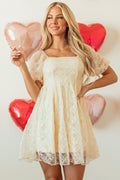 Apricot Sequined Lace Mesh Bubble Sleeve Square Neck Dress - Crowned Energy CO.