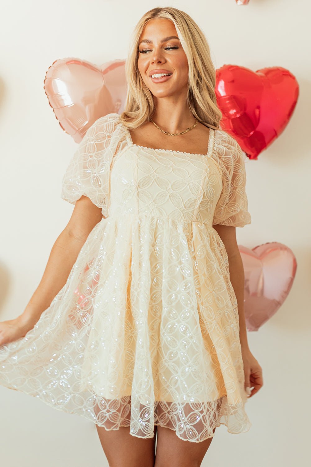 Apricot Sequined Lace Mesh Bubble Sleeve Square Neck Dress - Crowned Energy CO.