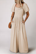 Apricot Short Bubble Sleeve Smocked Wide Leg Jumpsuit - Crowned Energy CO.