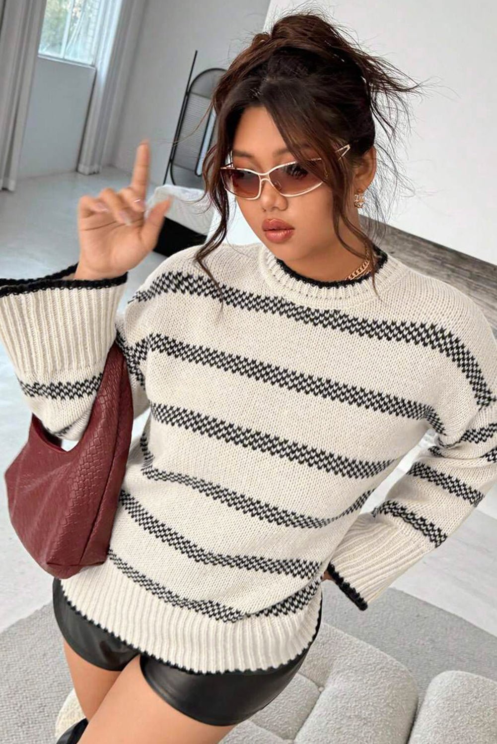 Apricot Stripe Wide Sleeve Drop Shoulder Crew Neck Plus Sweater - Crowned Energy CO.