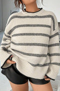 Apricot Stripe Wide Sleeve Drop Shoulder Crew Neck Plus Sweater - Crowned Energy CO.