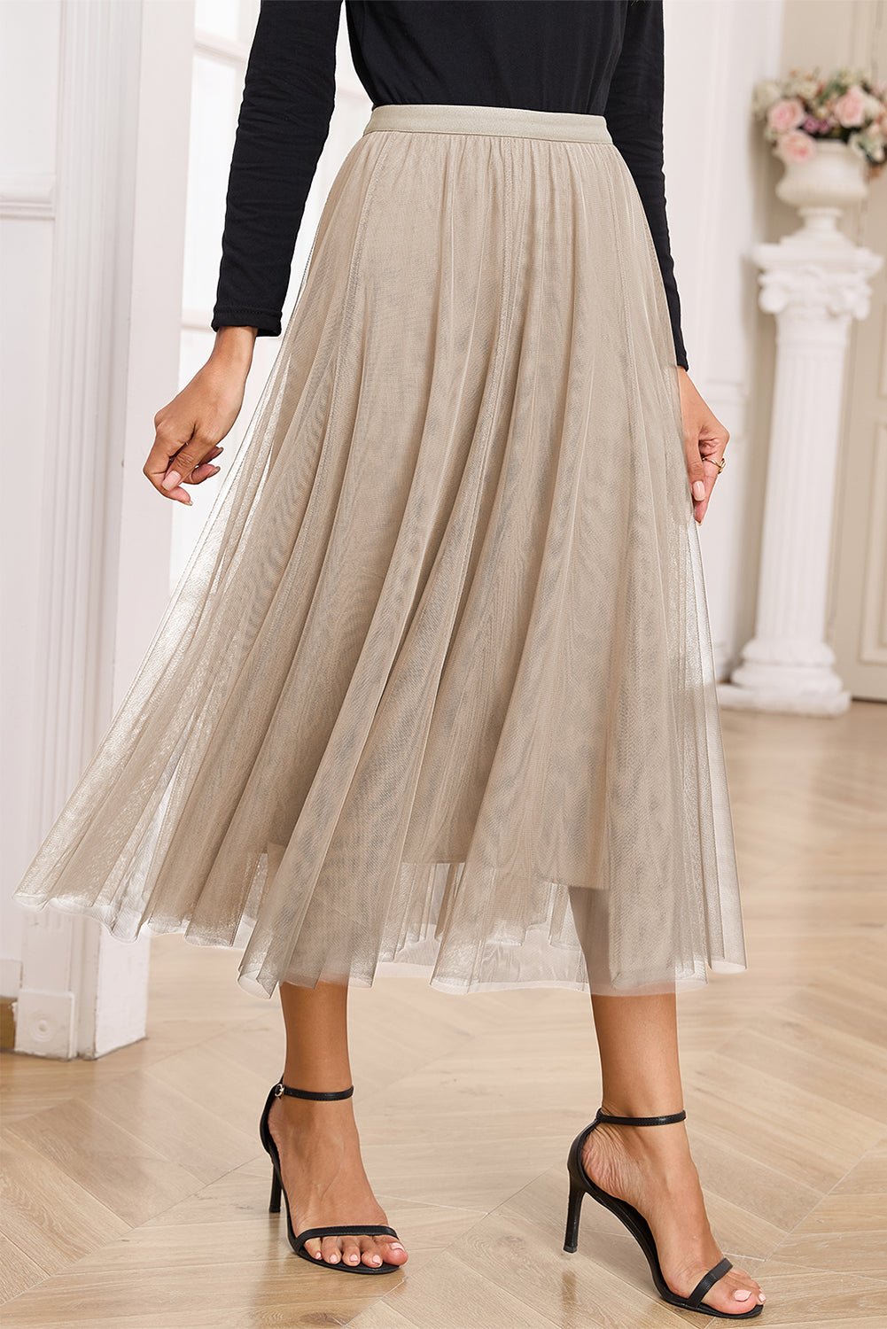 Apricot Tulle Mesh Overlay Flared Midi Skirt - Crowned Energy CO.