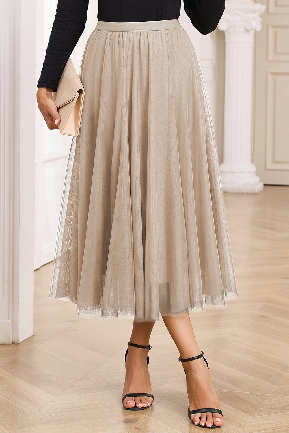 Apricot Tulle Mesh Overlay Flared Midi Skirt - Crowned Energy CO.