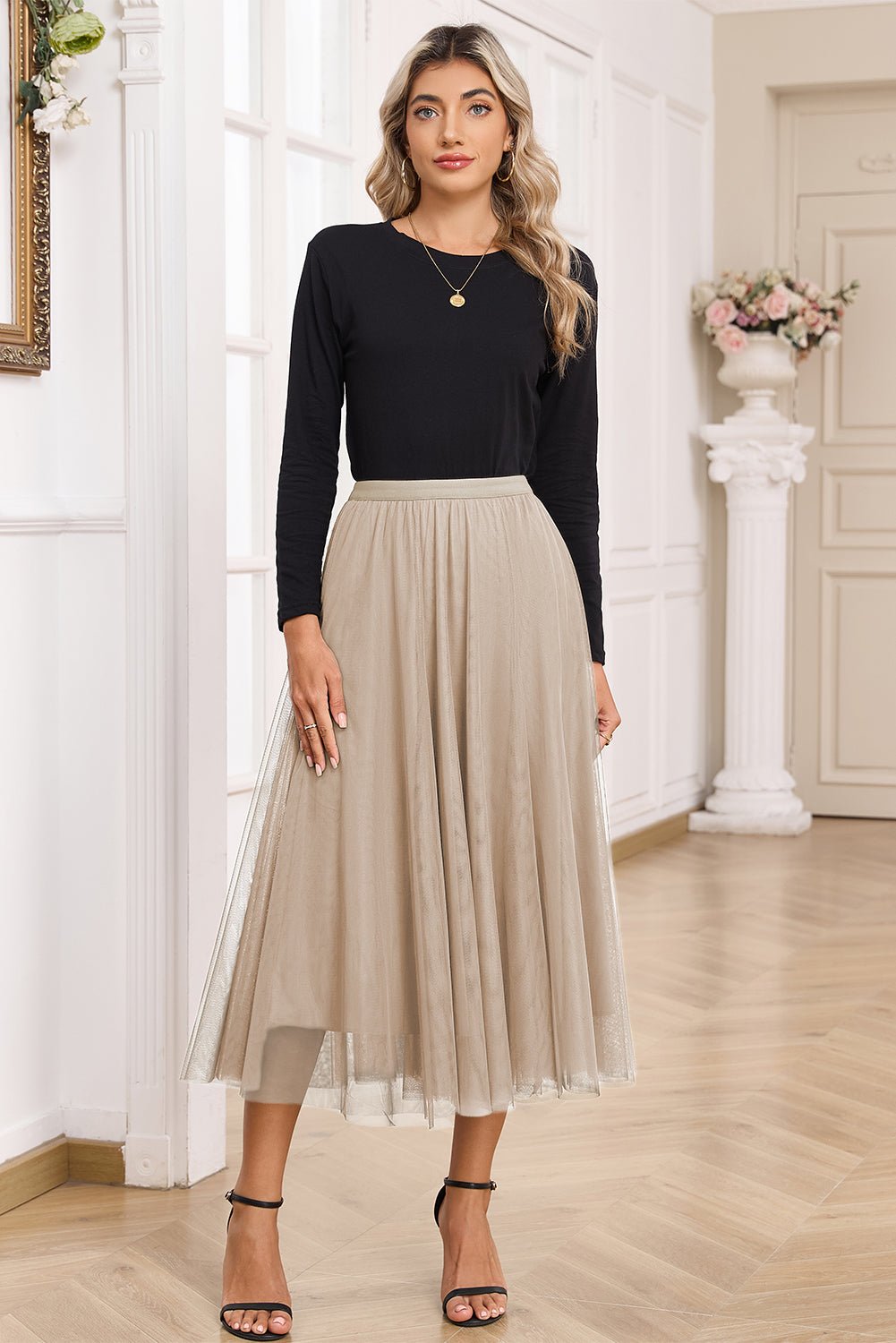 Apricot Tulle Mesh Overlay Flared Midi Skirt - Crowned Energy CO.