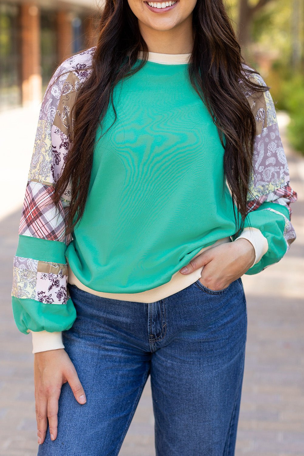 Crowned Energy CO. Aruba Blue / S / 70%Polyester+30%Cotton Dear-Lover Dropshipping Tops/Long Sleeve Tops Aruba Blue Plaid Vintage Paisley Patchwork Long Sleeve Raglan Top