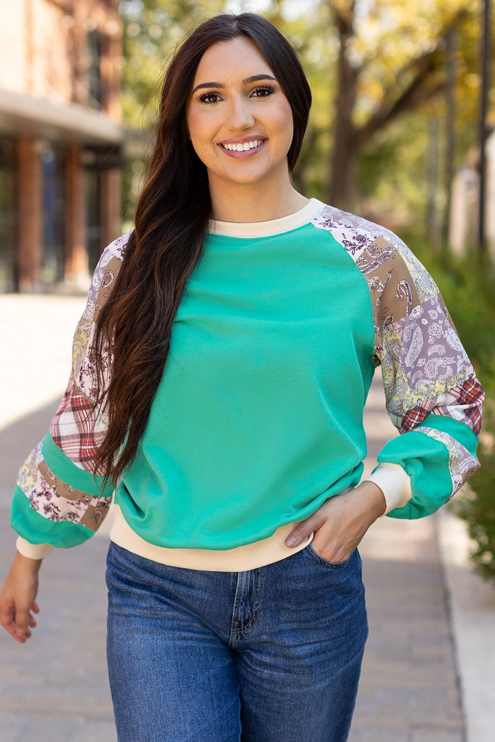 Crowned Energy CO. Aruba Blue / S / 70%Polyester+30%Cotton Dear-Lover Dropshipping Tops/Long Sleeve Tops Aruba Blue Plaid Vintage Paisley Patchwork Long Sleeve Raglan Top