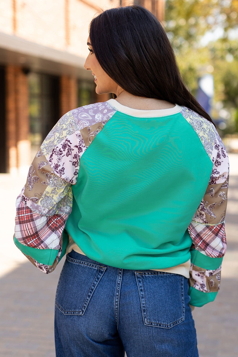 Crowned Energy CO. Aruba Blue / S / 70%Polyester+30%Cotton Dear-Lover Dropshipping Tops/Long Sleeve Tops Aruba Blue Plaid Vintage Paisley Patchwork Long Sleeve Raglan Top