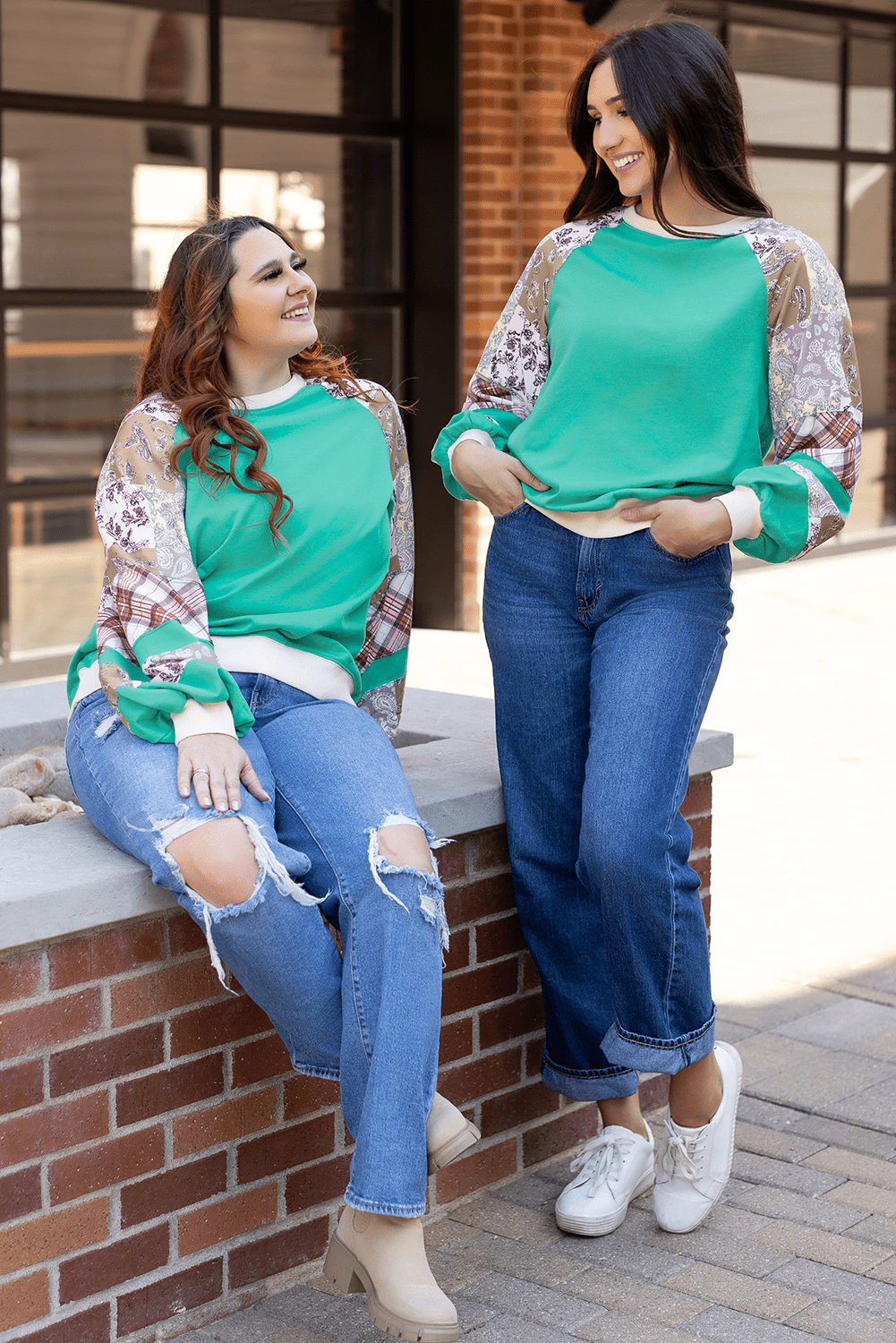 Crowned Energy CO. Aruba Blue / S / 70%Polyester+30%Cotton Dear-Lover Dropshipping Tops/Long Sleeve Tops Aruba Blue Plaid Vintage Paisley Patchwork Long Sleeve Raglan Top