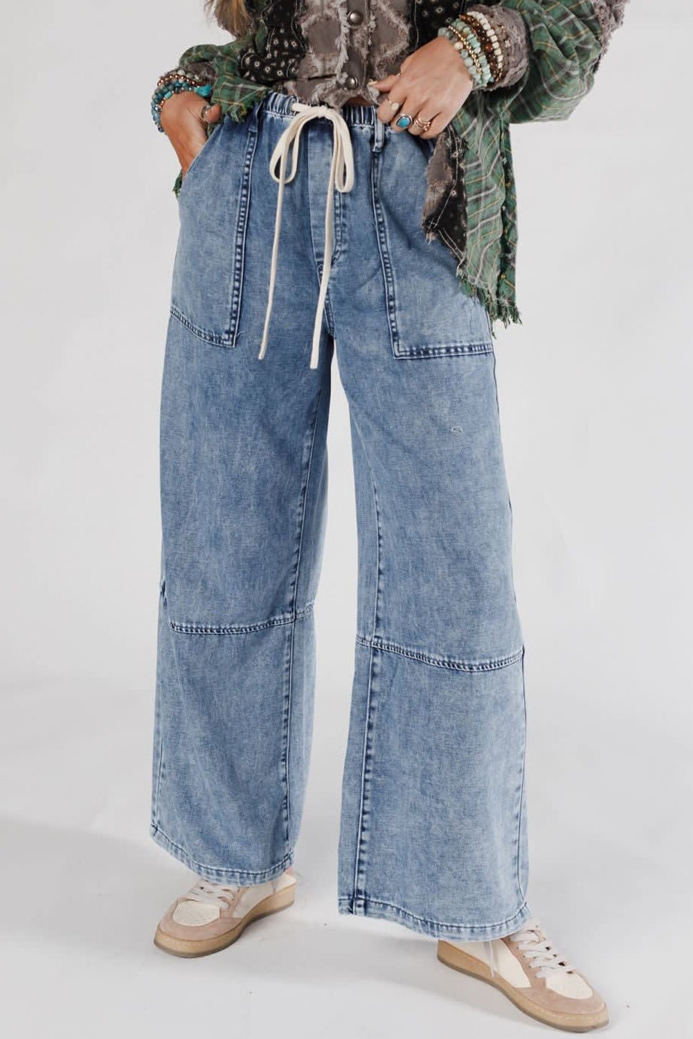Ashleigh Blue Acid Wash Exposed Seam Drawstring Elastic Waistband Jeans - Crowned Energy CO.