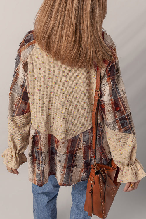 Crowned Energy CO. Ashleigh Blue / S / 100%Polyester Dear-Lover Dropshipping Outerwear/Plaid Shackets Ashleigh Blue Boho Floral Plaid Patchwork Distressed Detail Ruffled Sleeve Waffle Knit Shacket