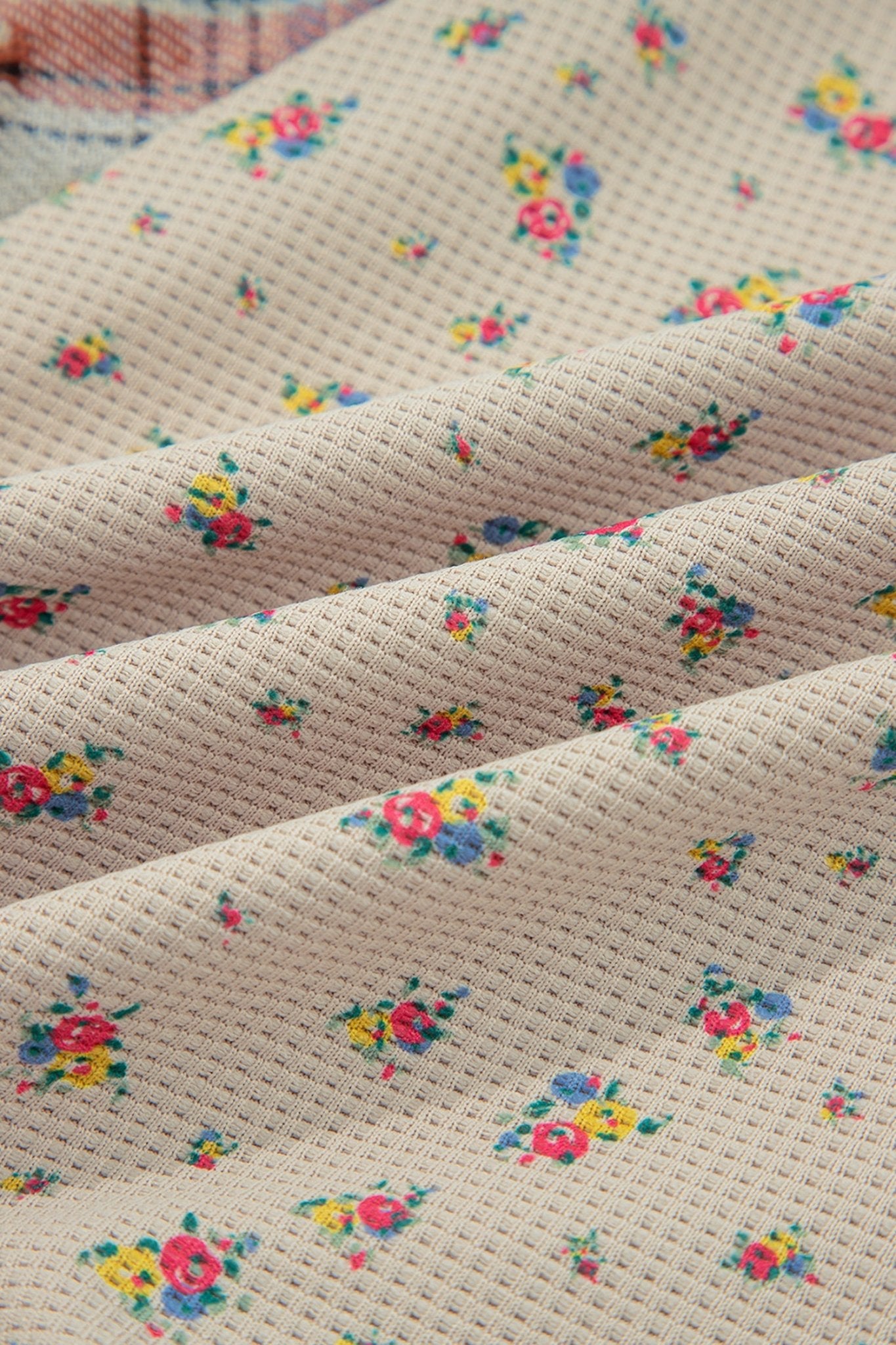 Crowned Energy CO. Ashleigh Blue / S / 100%Polyester Dear-Lover Dropshipping Outerwear/Plaid Shackets Ashleigh Blue Boho Floral Plaid Patchwork Distressed Detail Ruffled Sleeve Waffle Knit Shacket