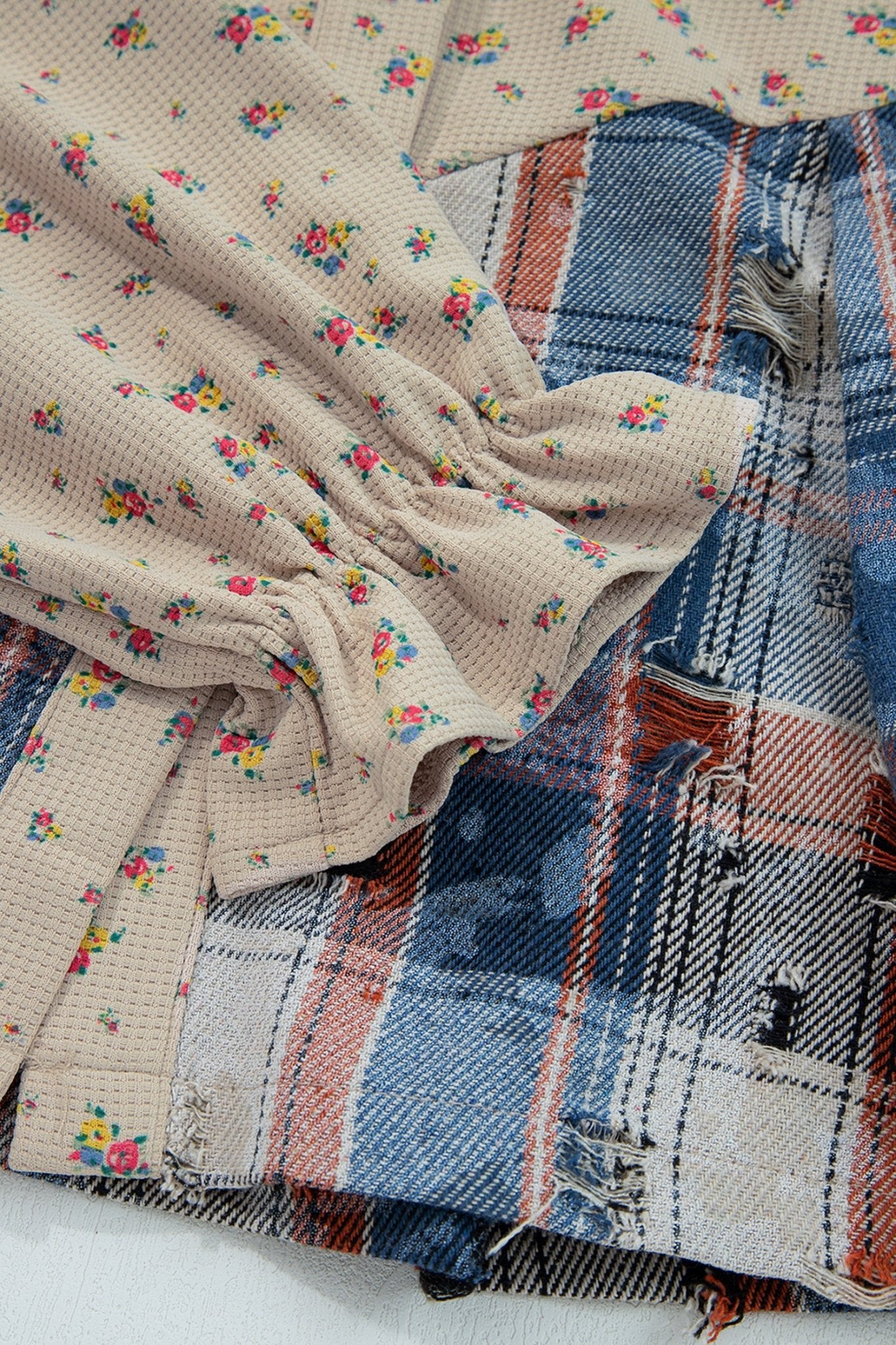 Crowned Energy CO. Ashleigh Blue / S / 100%Polyester Dear-Lover Dropshipping Outerwear/Plaid Shackets Ashleigh Blue Boho Floral Plaid Patchwork Distressed Detail Ruffled Sleeve Waffle Knit Shacket