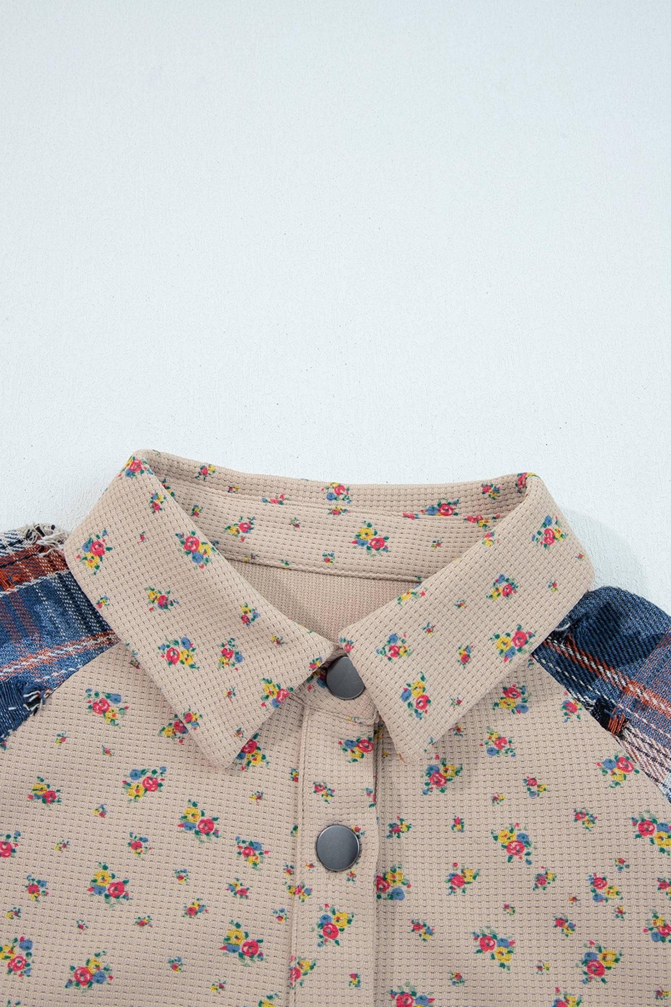 Crowned Energy CO. Ashleigh Blue / S / 100%Polyester Dear-Lover Dropshipping Outerwear/Plaid Shackets Ashleigh Blue Boho Floral Plaid Patchwork Distressed Detail Ruffled Sleeve Waffle Knit Shacket