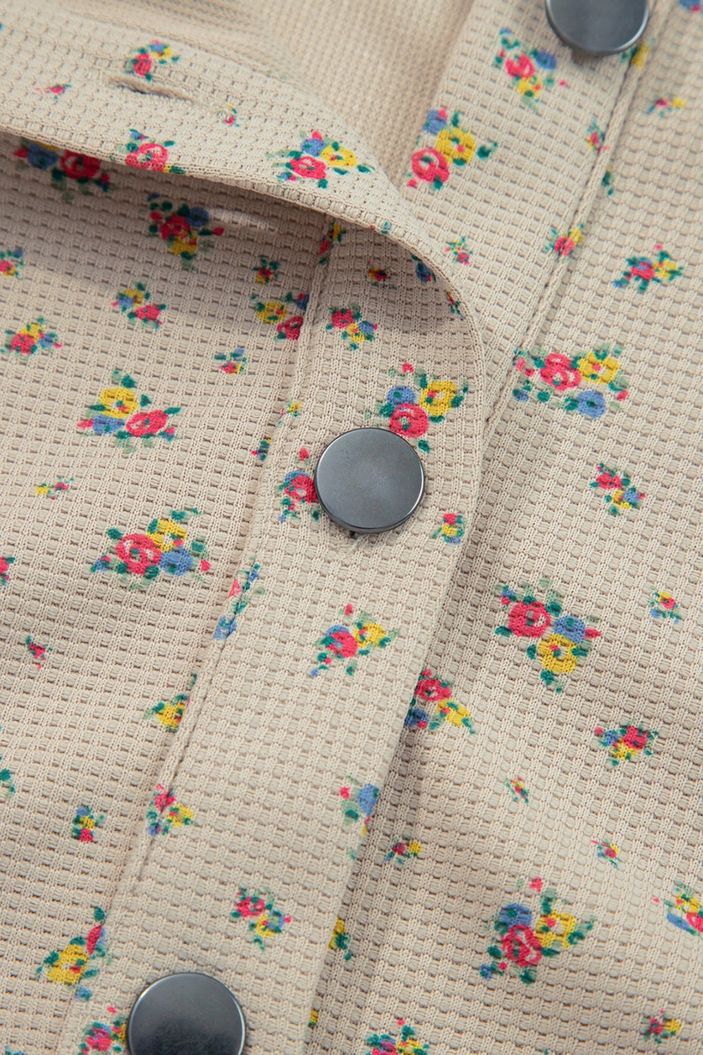 Crowned Energy CO. Ashleigh Blue / S / 100%Polyester Dear-Lover Dropshipping Outerwear/Plaid Shackets Ashleigh Blue Boho Floral Plaid Patchwork Distressed Detail Ruffled Sleeve Waffle Knit Shacket