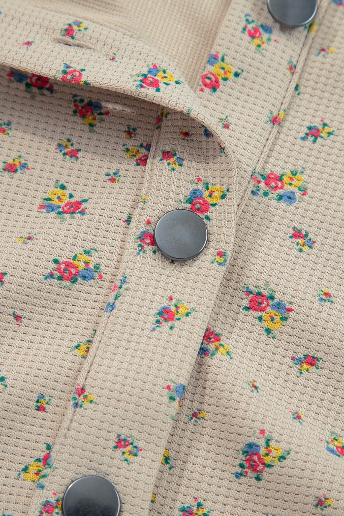 Crowned Energy CO. Ashleigh Blue / S / 100%Polyester Dear-Lover Dropshipping Outerwear/Plaid Shackets Ashleigh Blue Boho Floral Plaid Patchwork Distressed Detail Ruffled Sleeve Waffle Knit Shacket