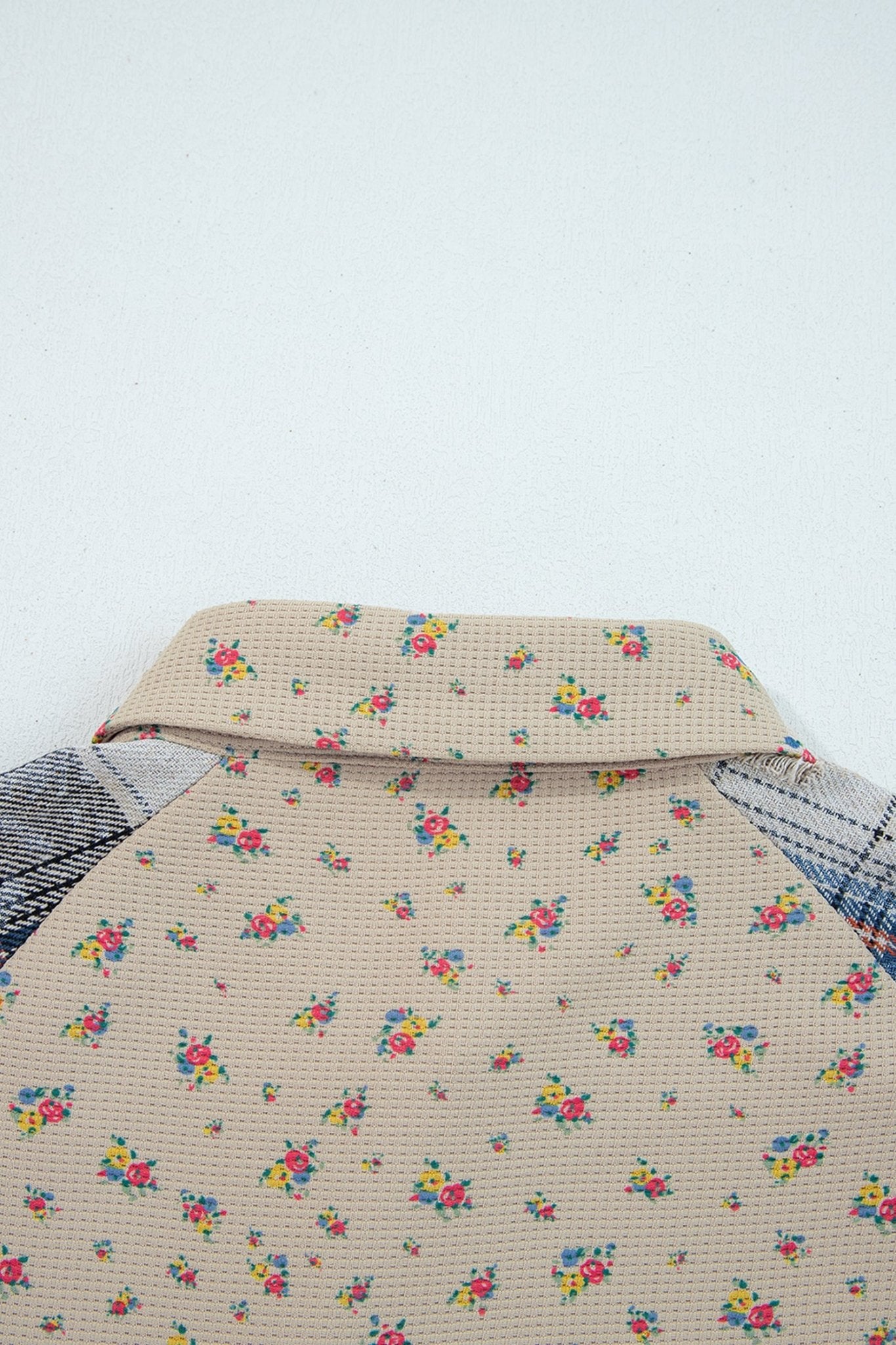 Crowned Energy CO. Ashleigh Blue / S / 100%Polyester Dear-Lover Dropshipping Outerwear/Plaid Shackets Ashleigh Blue Boho Floral Plaid Patchwork Distressed Detail Ruffled Sleeve Waffle Knit Shacket