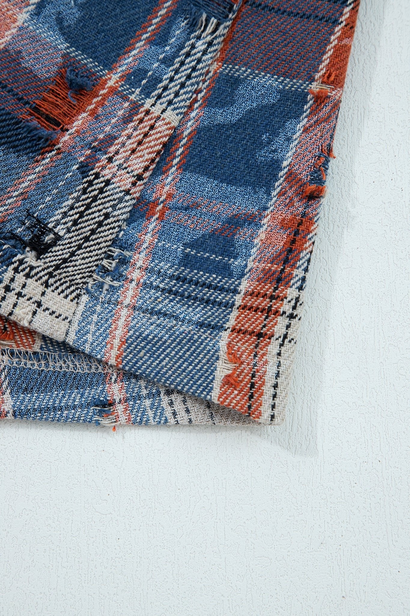 Crowned Energy CO. Ashleigh Blue / S / 100%Polyester Dear-Lover Dropshipping Outerwear/Plaid Shackets Ashleigh Blue Boho Floral Plaid Patchwork Distressed Detail Ruffled Sleeve Waffle Knit Shacket