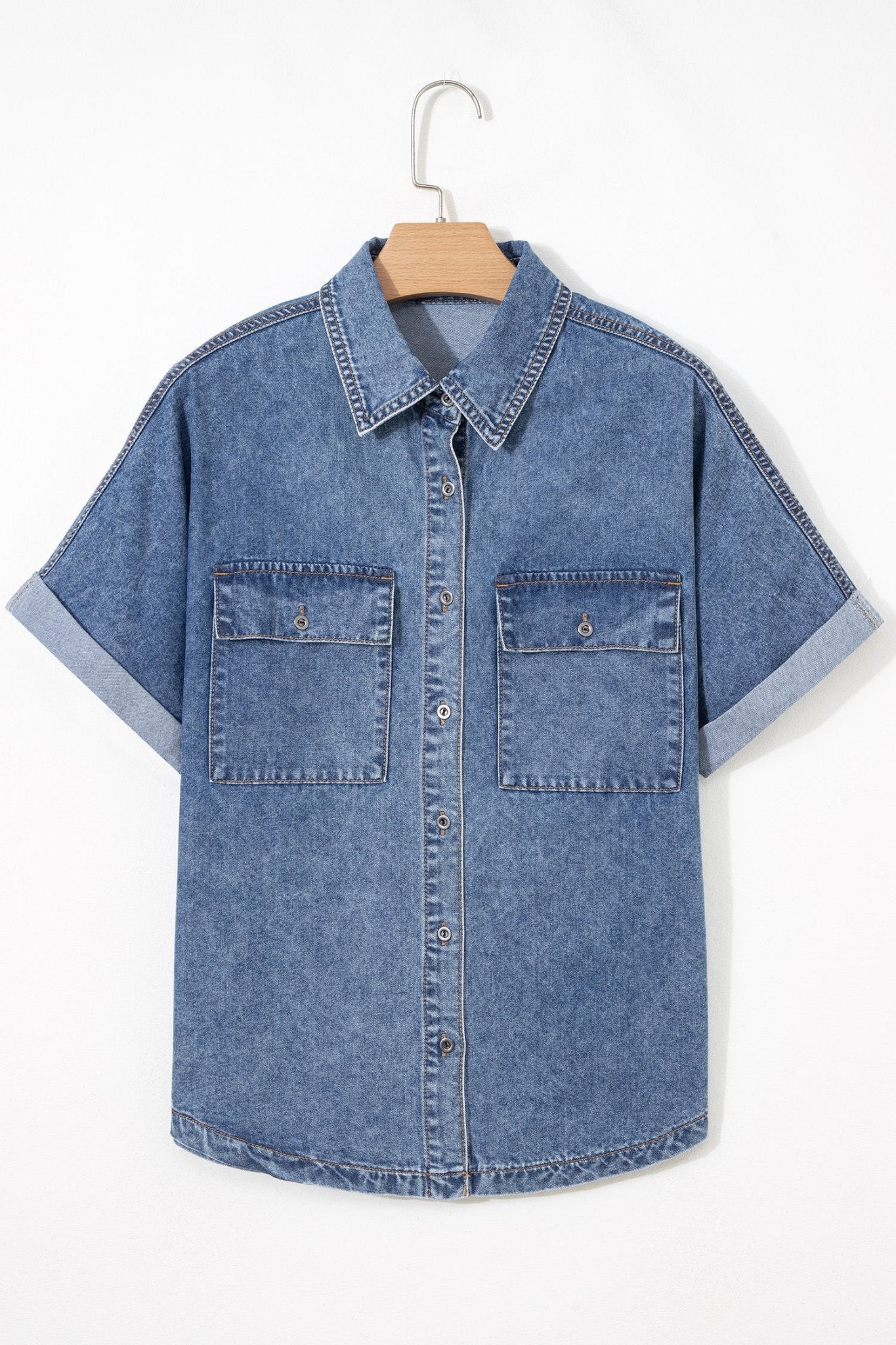Ashleigh Blue Button Flap Pocket Cuffed Short Sleeve Denim Shirt - Crowned Energy CO.