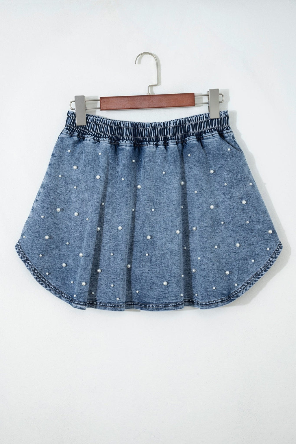 Ashleigh Blue Denim Pearl Embellished Elastic Waist Mini Skort - Crowned Energy CO.