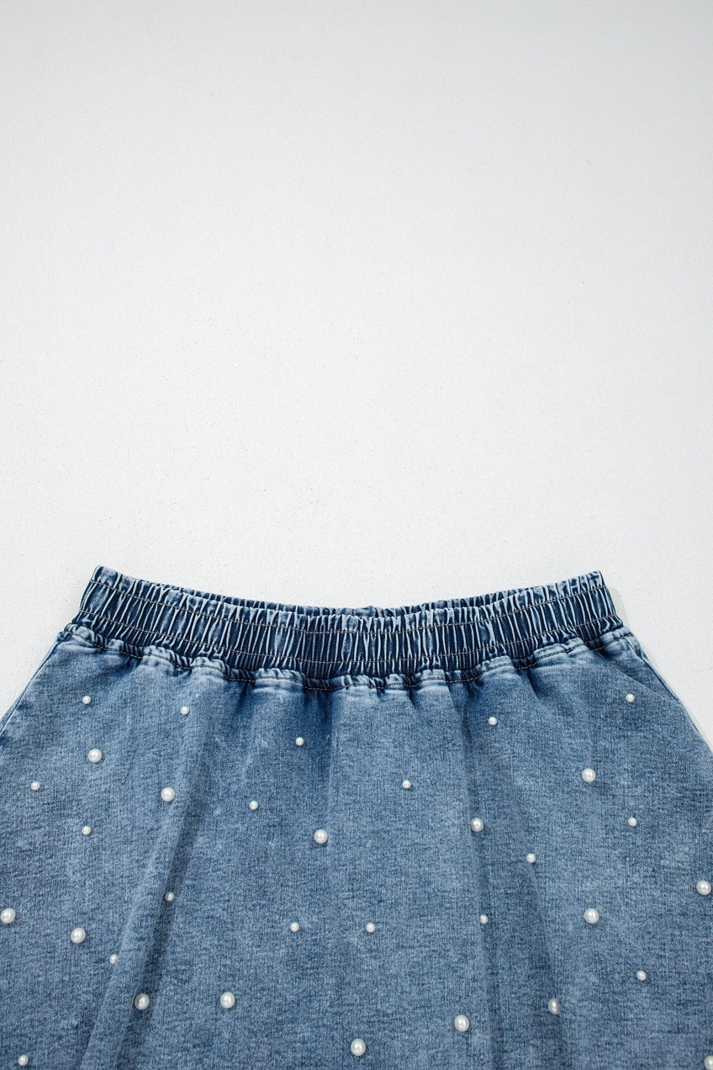 Ashleigh Blue Denim Pearl Embellished Elastic Waist Mini Skort - Crowned Energy CO.