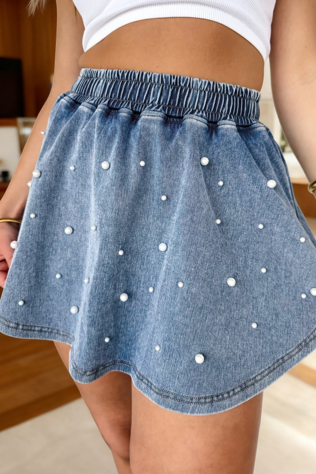 Ashleigh Blue Denim Pearl Embellished Elastic Waist Mini Skort - Crowned Energy CO.