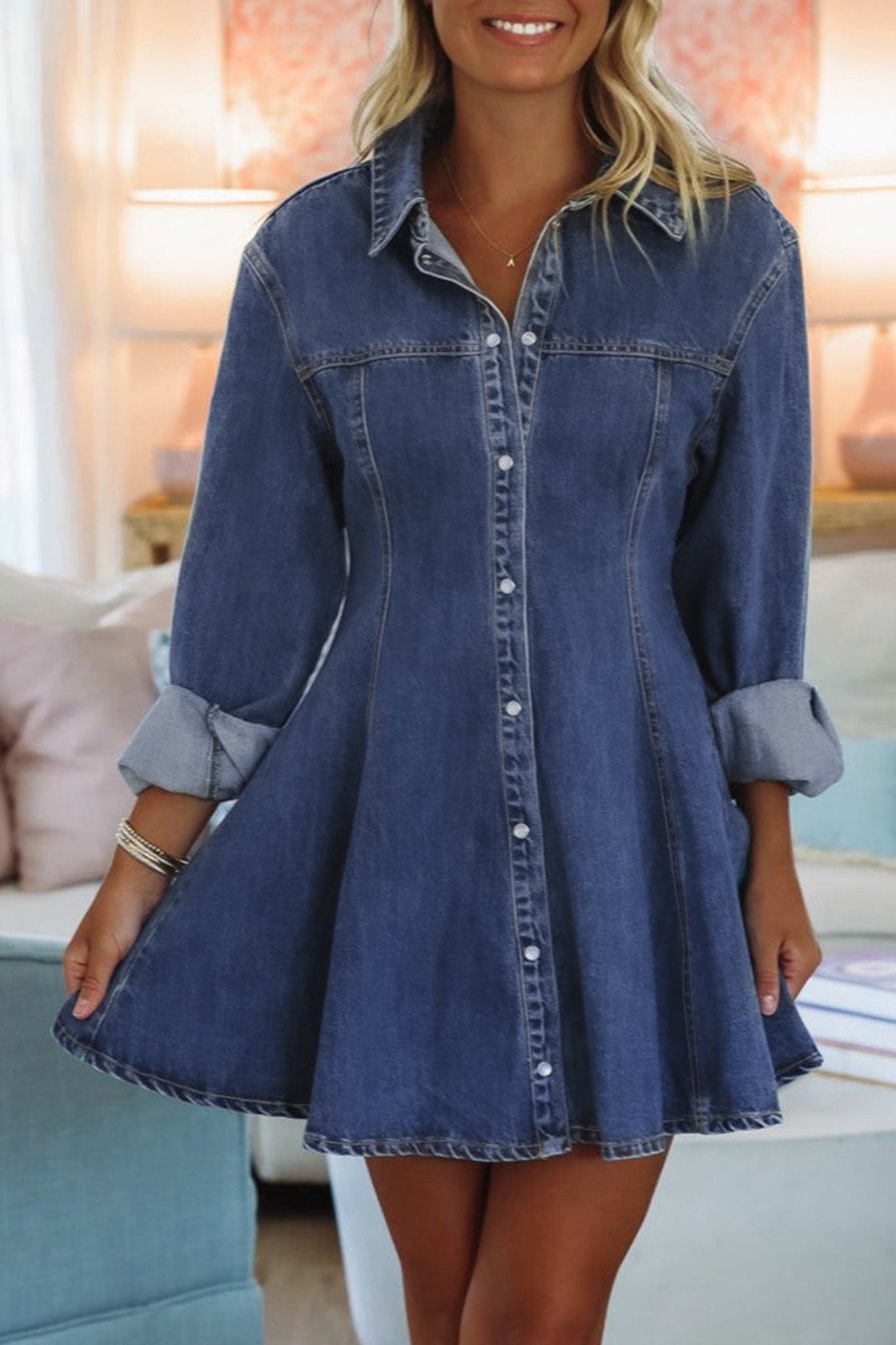 Ashleigh Blue Denim Shirt Collar Long Sleeve Flared Mini Dress - Crowned Energy CO.