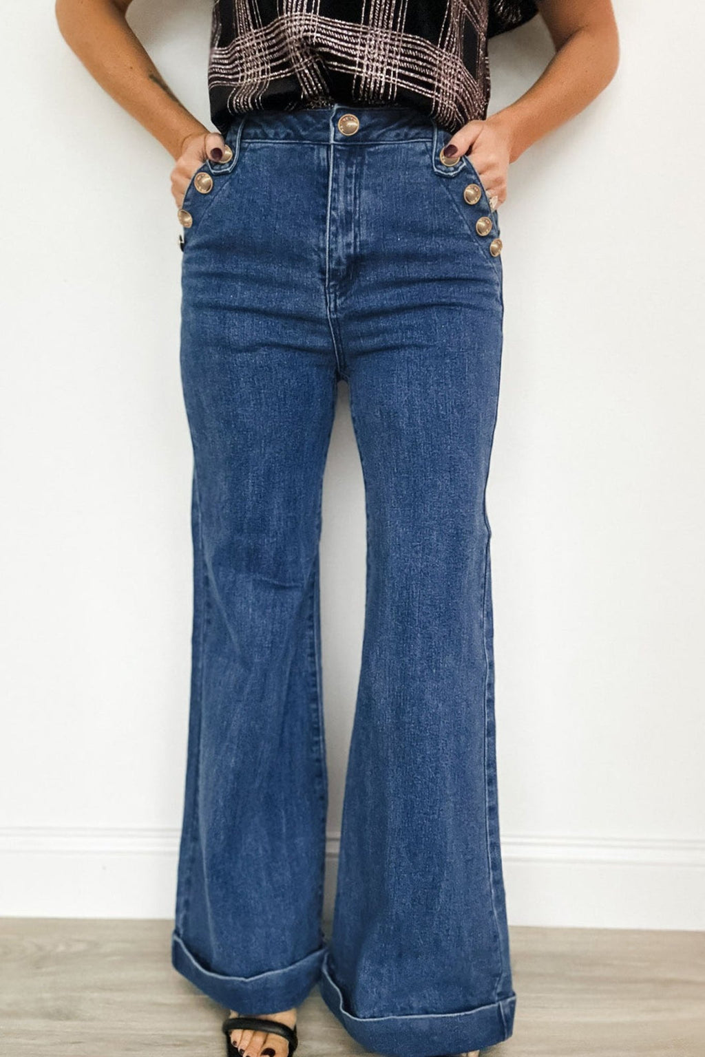 Ashleigh Blue Golden Button Detail Rolled Edge Flare Leg Jeans - Crowned Energy CO.