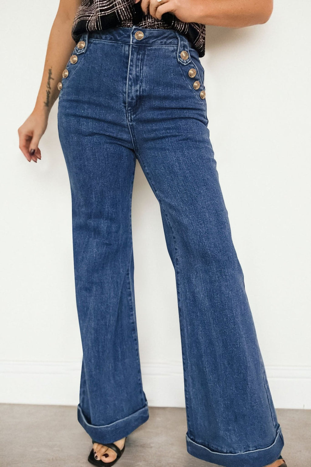 Ashleigh Blue Golden Button Detail Rolled Edge Flare Leg Jeans - Crowned Energy CO.