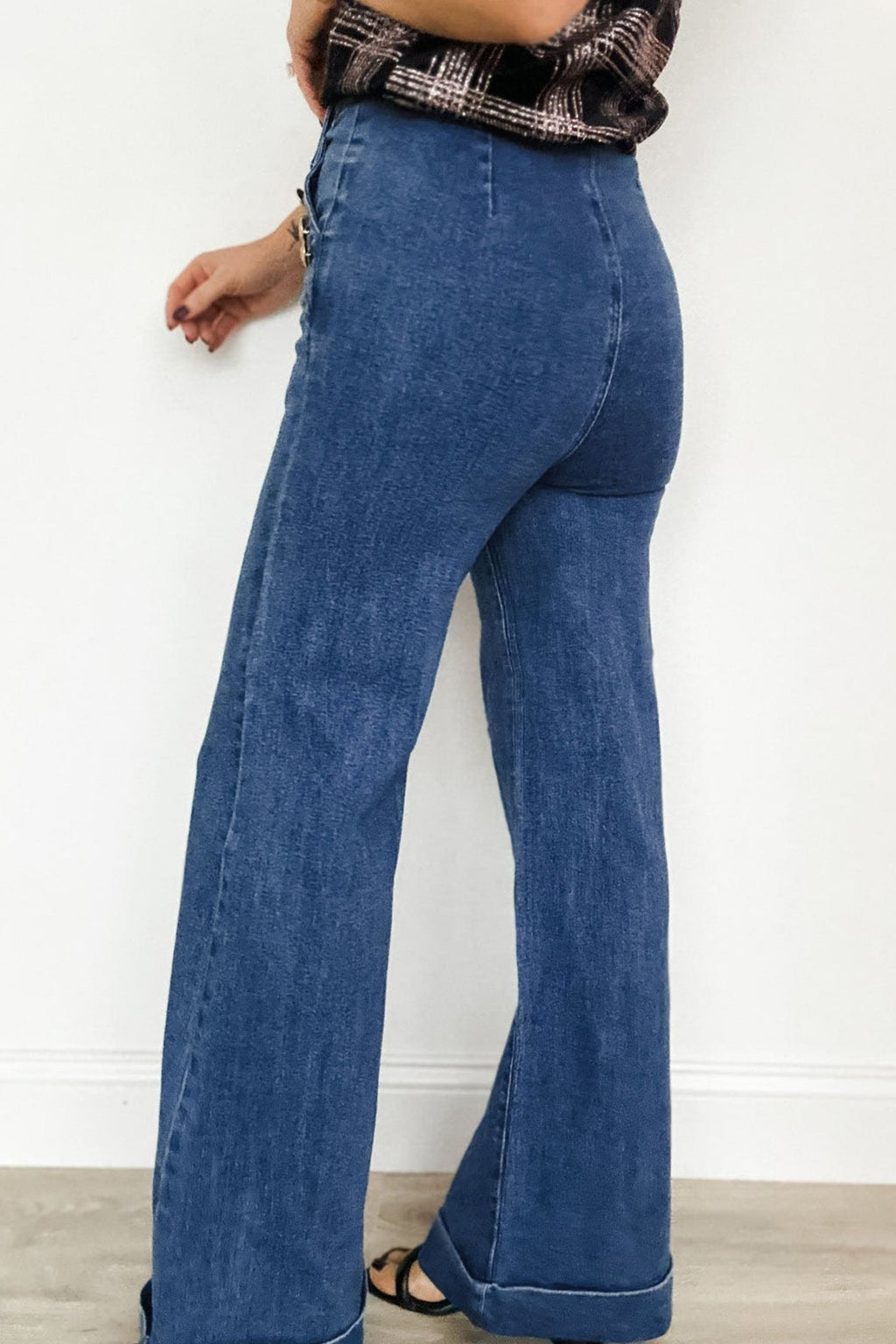 Ashleigh Blue Golden Button Detail Rolled Edge Flare Leg Jeans - Crowned Energy CO.