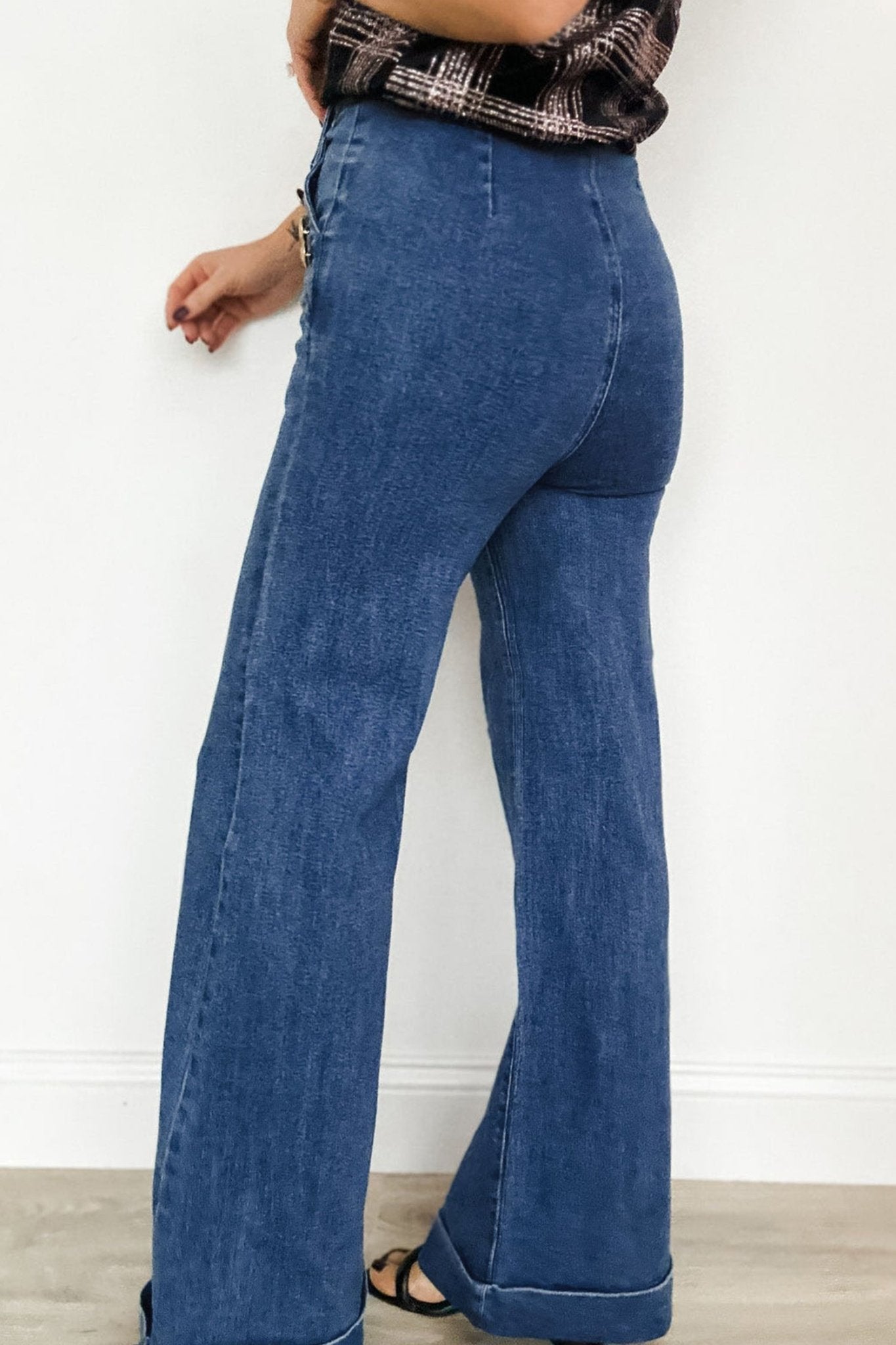 Ashleigh Blue Golden Button Detail Rolled Edge Flare Leg Jeans - Crowned Energy CO.
