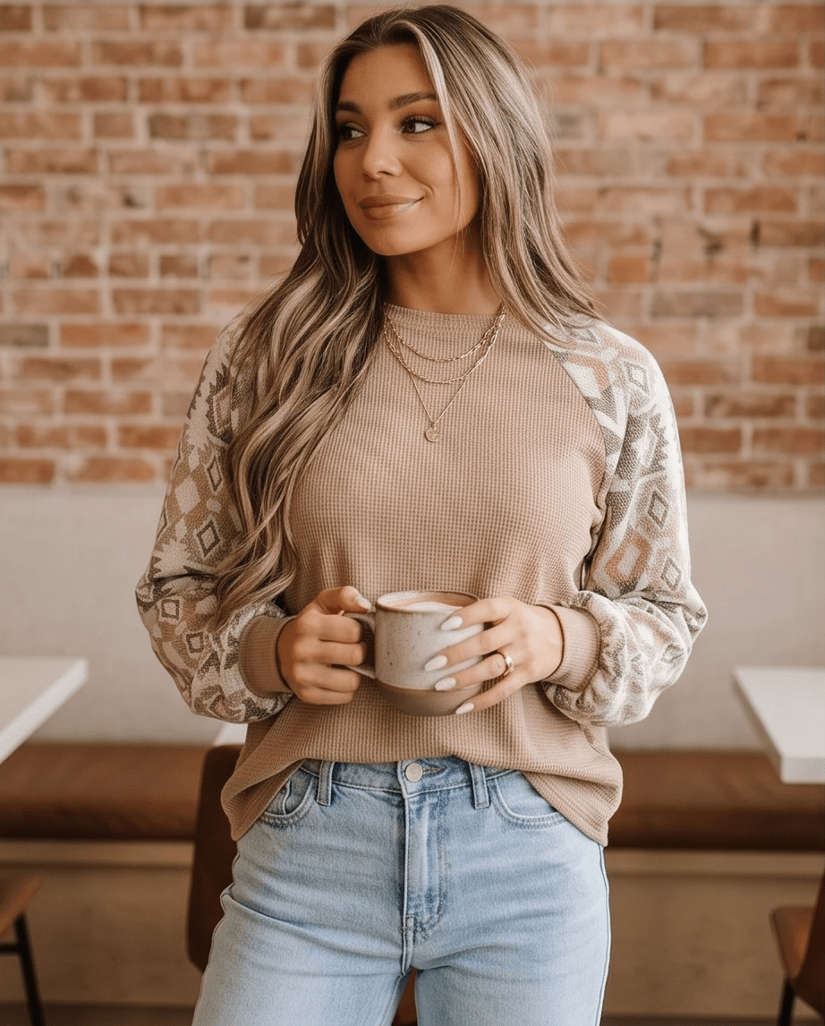 Aztec Patchwork Waffle Knit Raglan Top in Smoke Gray - Crowned Energy CO.