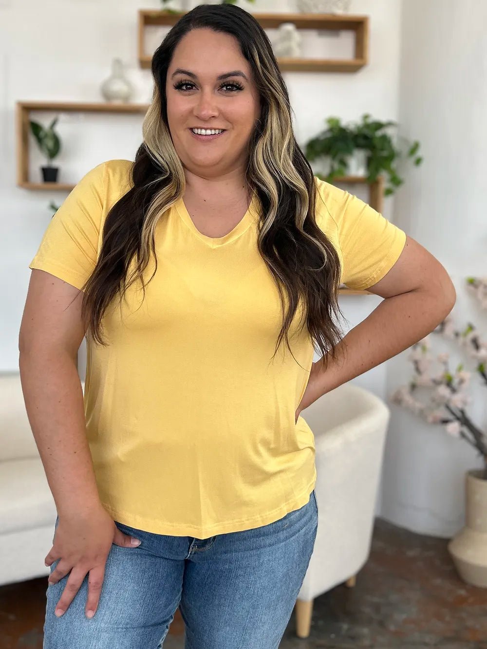 Basic Bae Bamboo Full Size V - Neck High - Low T-Shirt - Crowned Energy CO.