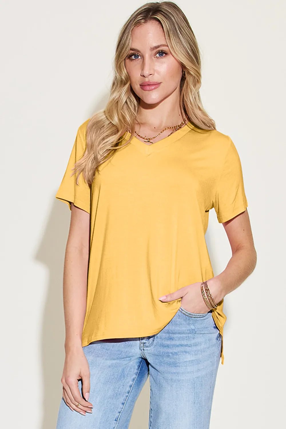 Basic Bae Bamboo Full Size V - Neck High - Low T-Shirt - Crowned Energy CO.