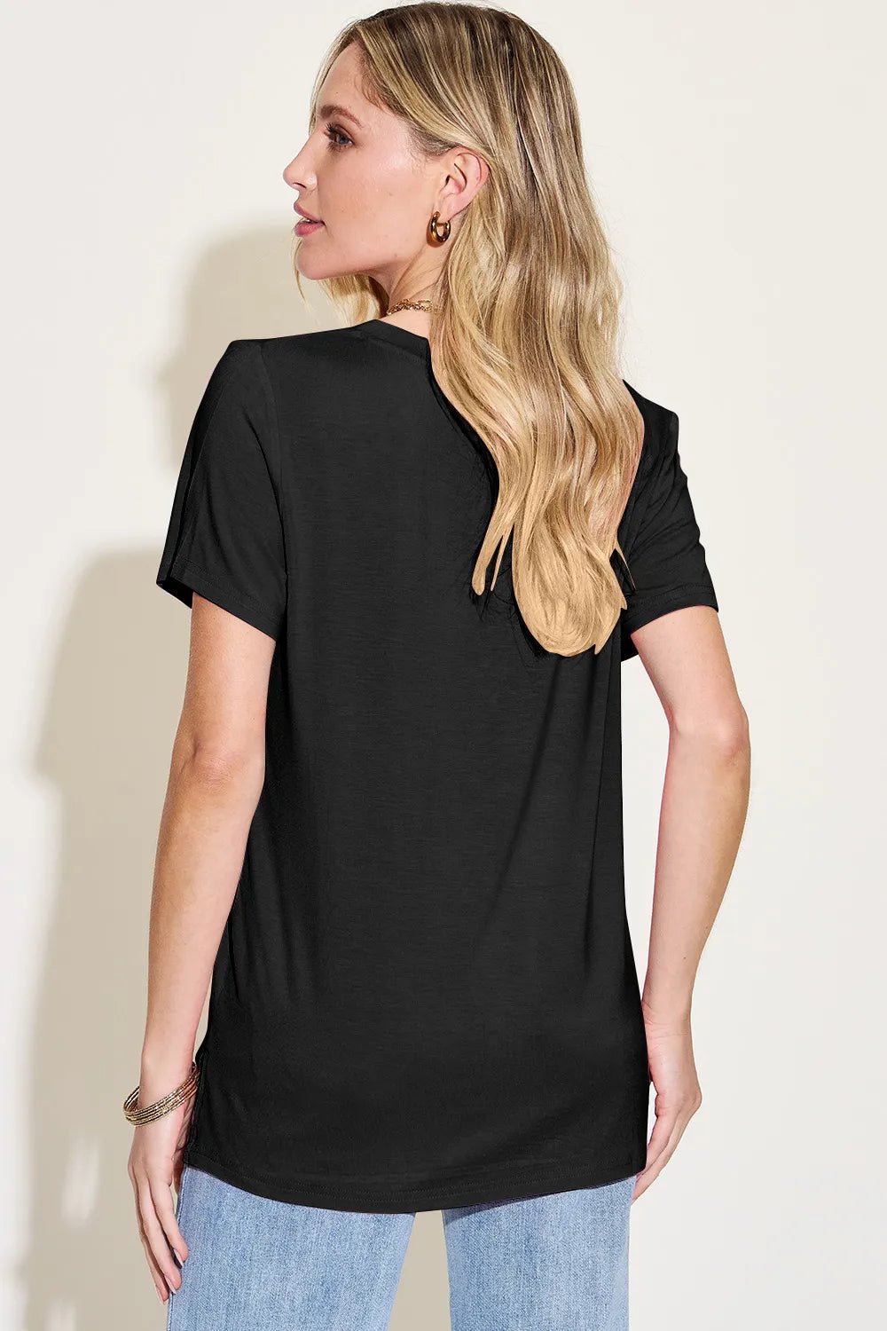 Basic Bae Bamboo Full Size V - Neck High - Low T-Shirt - Crowned Energy CO.