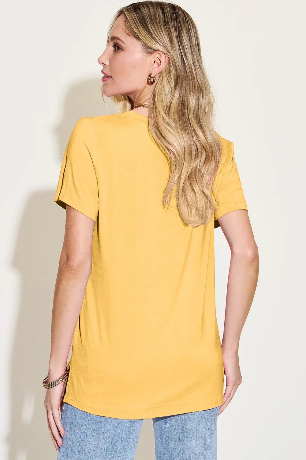 Basic Bae Bamboo Full Size V - Neck High - Low T-Shirt - Crowned Energy CO.