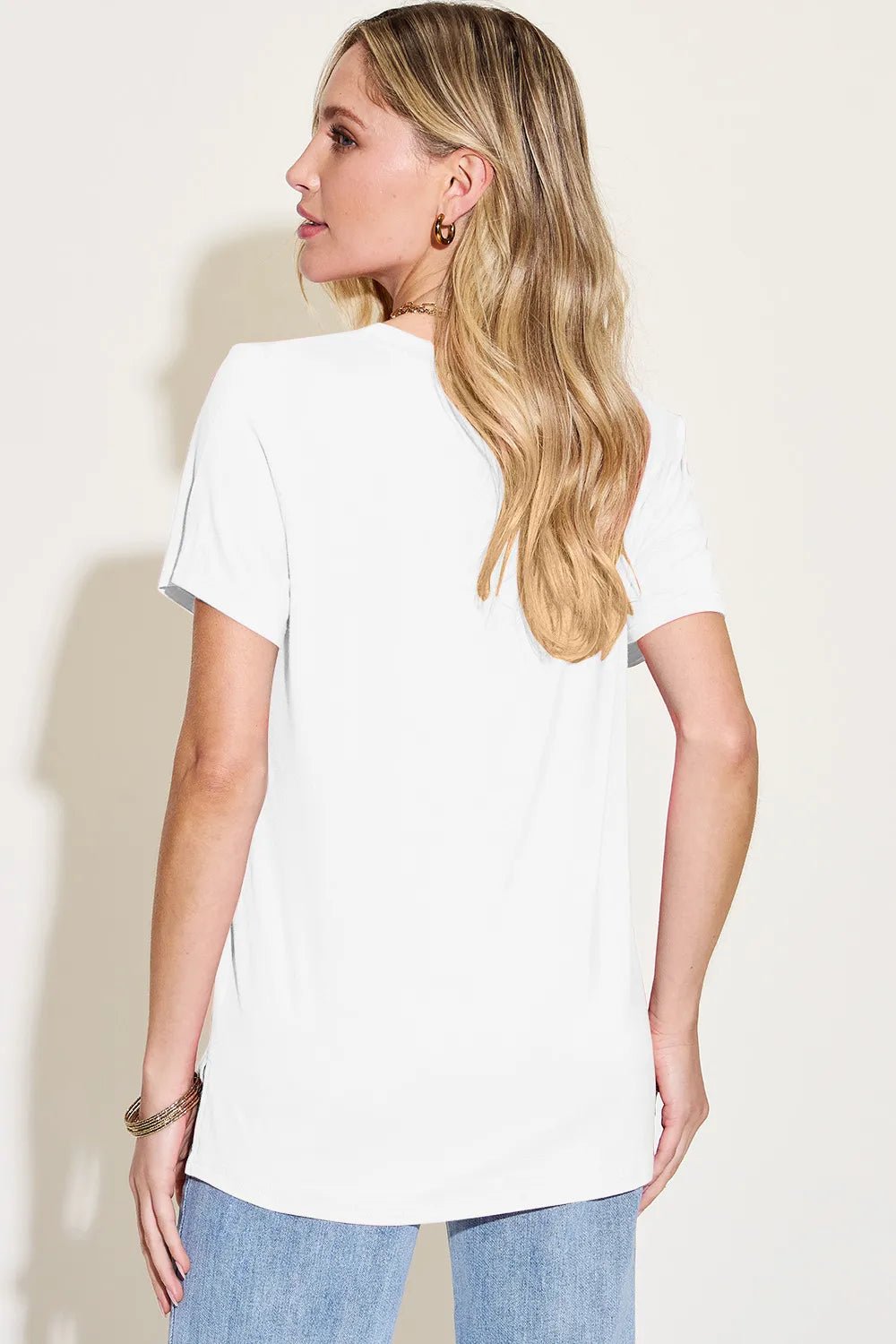 Basic Bae Bamboo Full Size V - Neck High - Low T-Shirt - Crowned Energy CO.