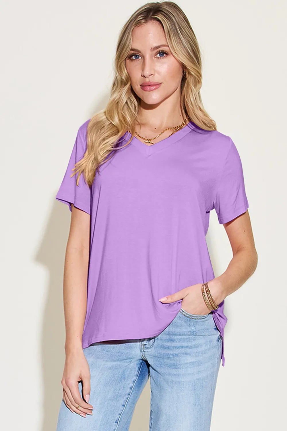 Basic Bae Bamboo Full Size V - Neck High - Low T-Shirt - Crowned Energy CO.