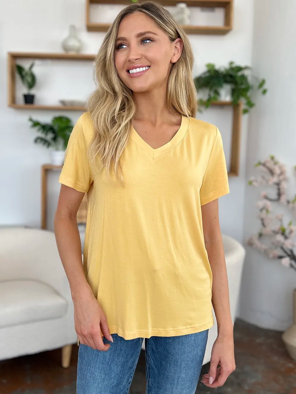 Basic Bae Bamboo Full Size V - Neck High - Low T-Shirt - Crowned Energy CO.