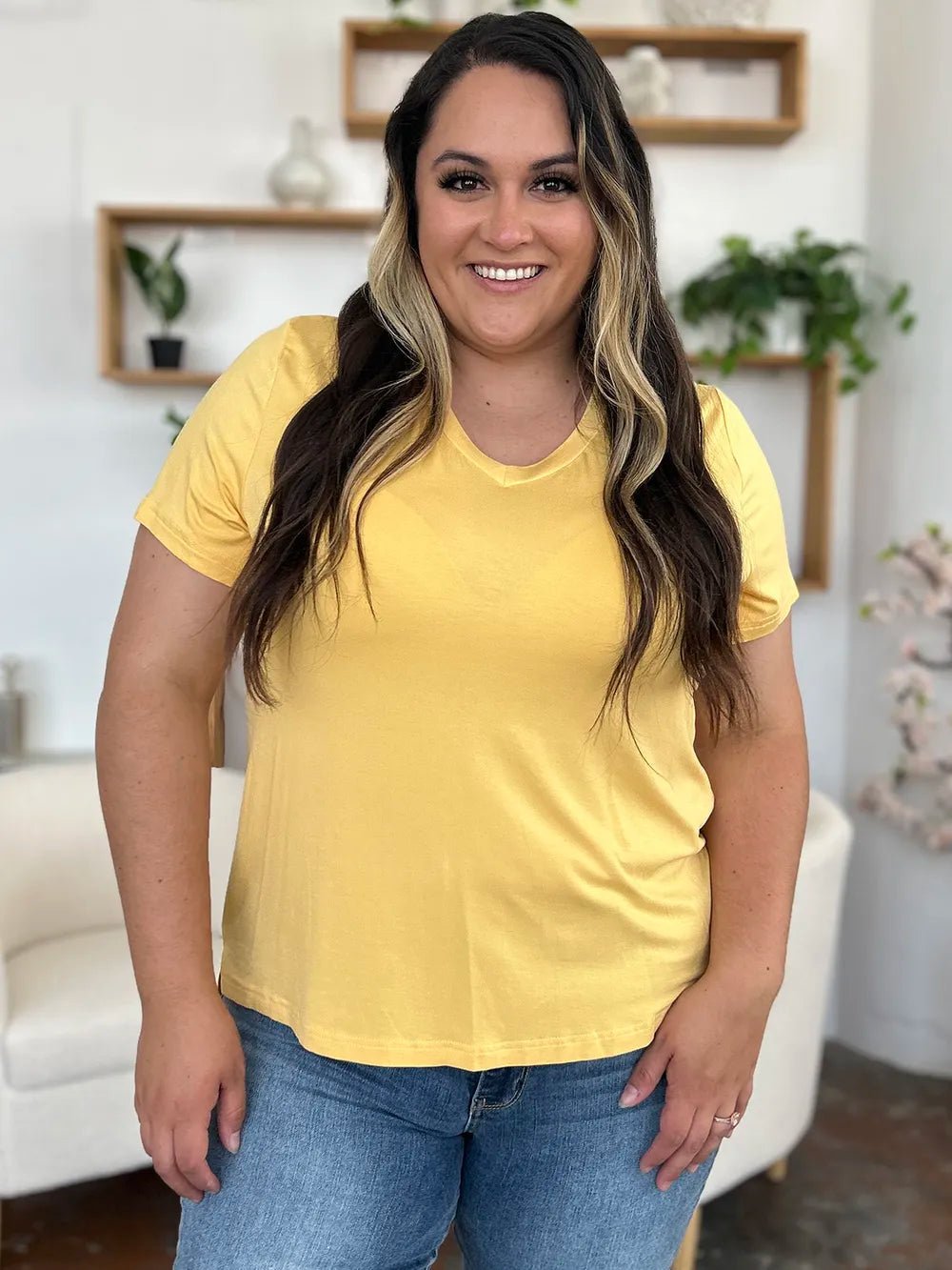 Basic Bae Bamboo Full Size V - Neck High - Low T-Shirt - Crowned Energy CO.