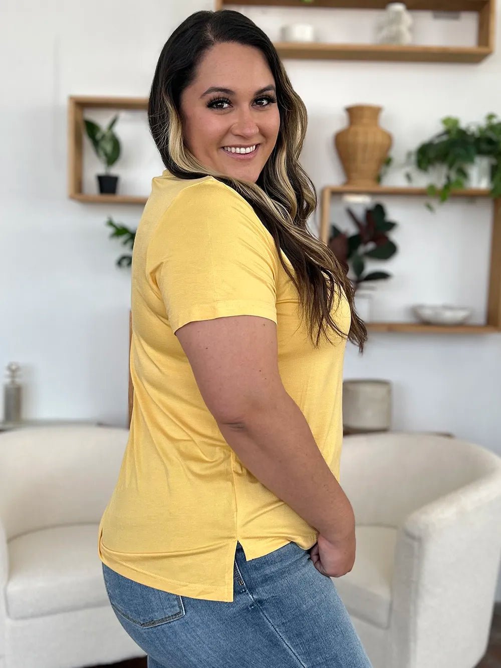 Basic Bae Bamboo Full Size V - Neck High - Low T-Shirt - Crowned Energy CO.