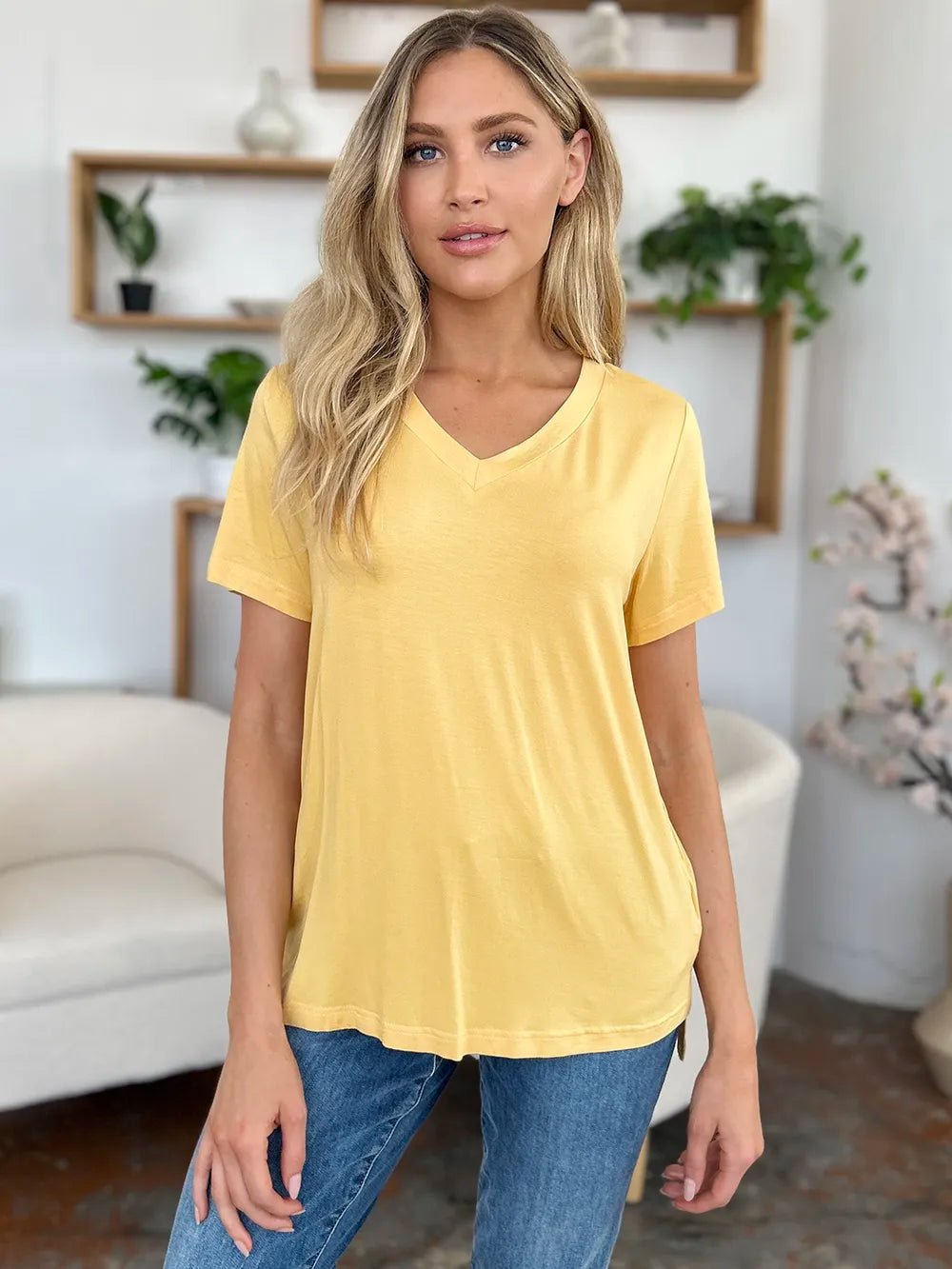 Basic Bae Bamboo Full Size V - Neck High - Low T-Shirt - Crowned Energy CO.