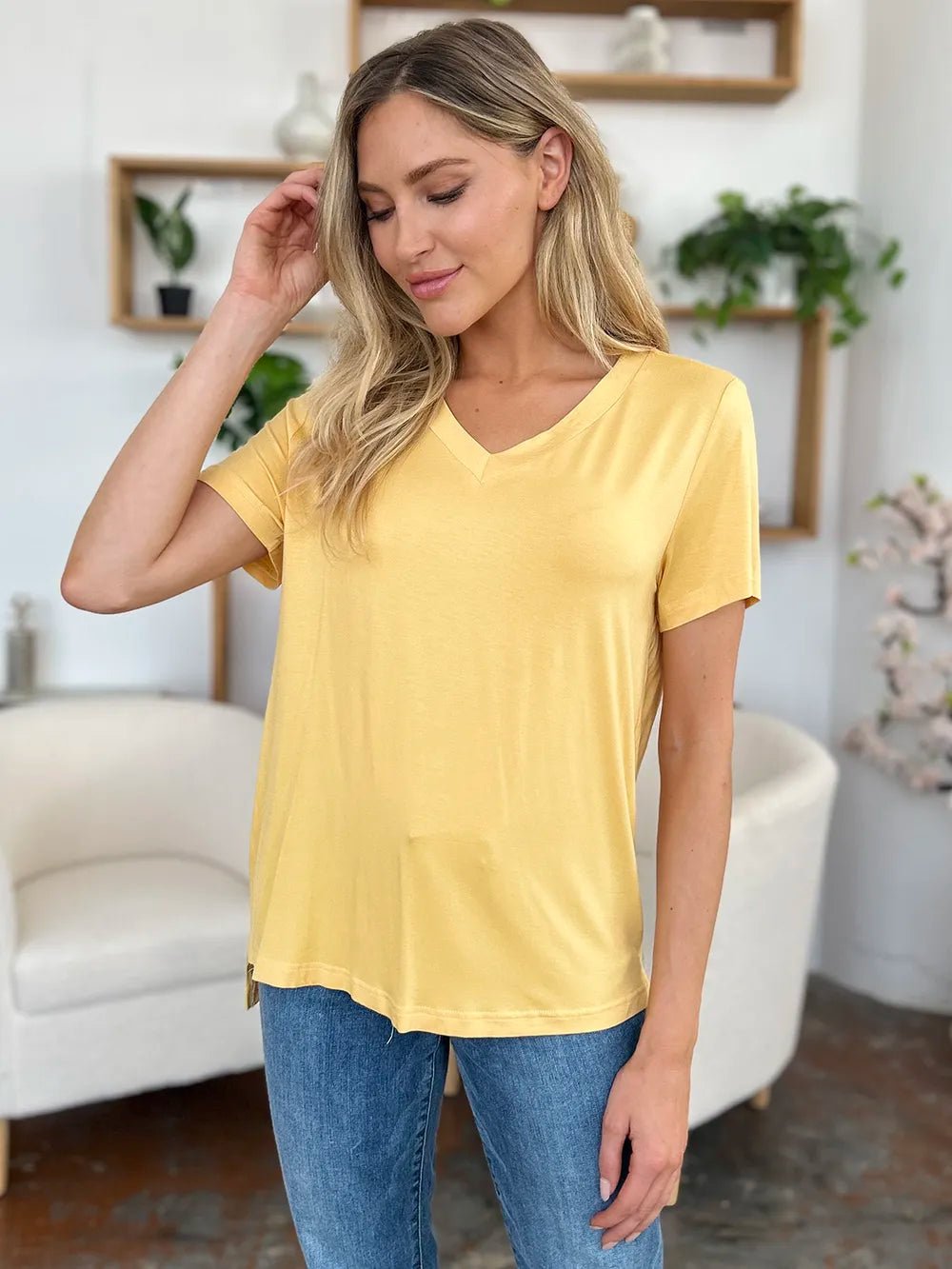 Basic Bae Bamboo Full Size V - Neck High - Low T-Shirt - Crowned Energy CO.
