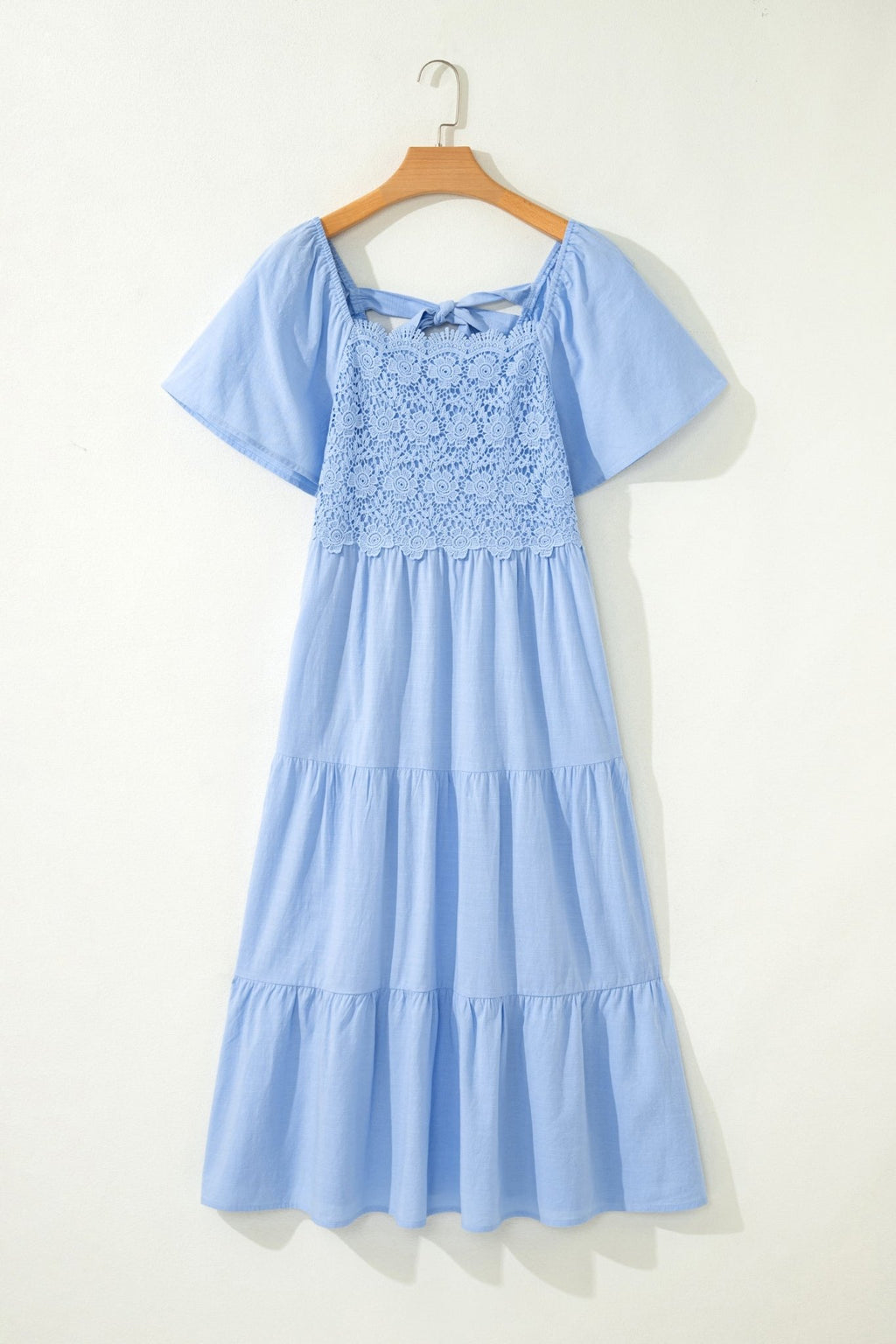 Beau Blue Flowy Short Sleeve Lace Detail Square Neck Tiered Midi Dress - Crowned Energy CO.