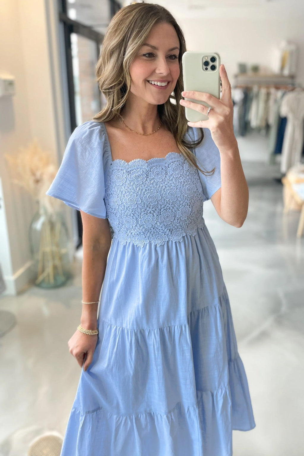 Beau Blue Flowy Short Sleeve Lace Detail Square Neck Tiered Midi Dress - Crowned Energy CO.