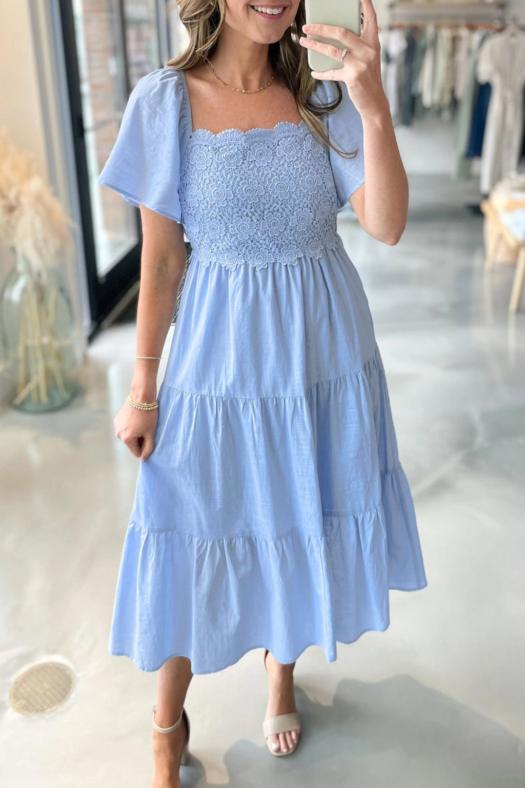 Beau Blue Flowy Short Sleeve Lace Detail Square Neck Tiered Midi Dress - Crowned Energy CO.