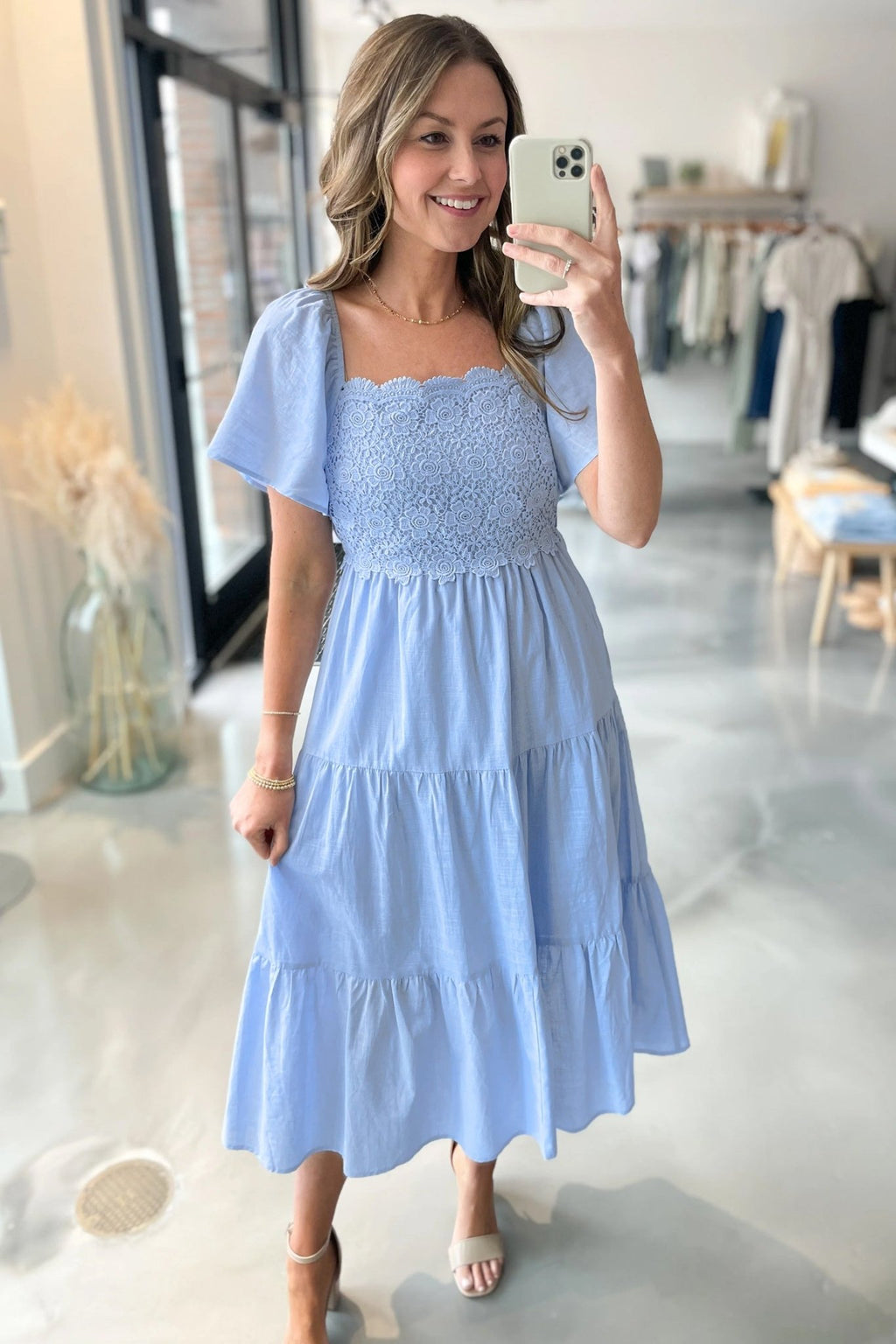 Beau Blue Flowy Short Sleeve Lace Detail Square Neck Tiered Midi Dress - Crowned Energy CO.