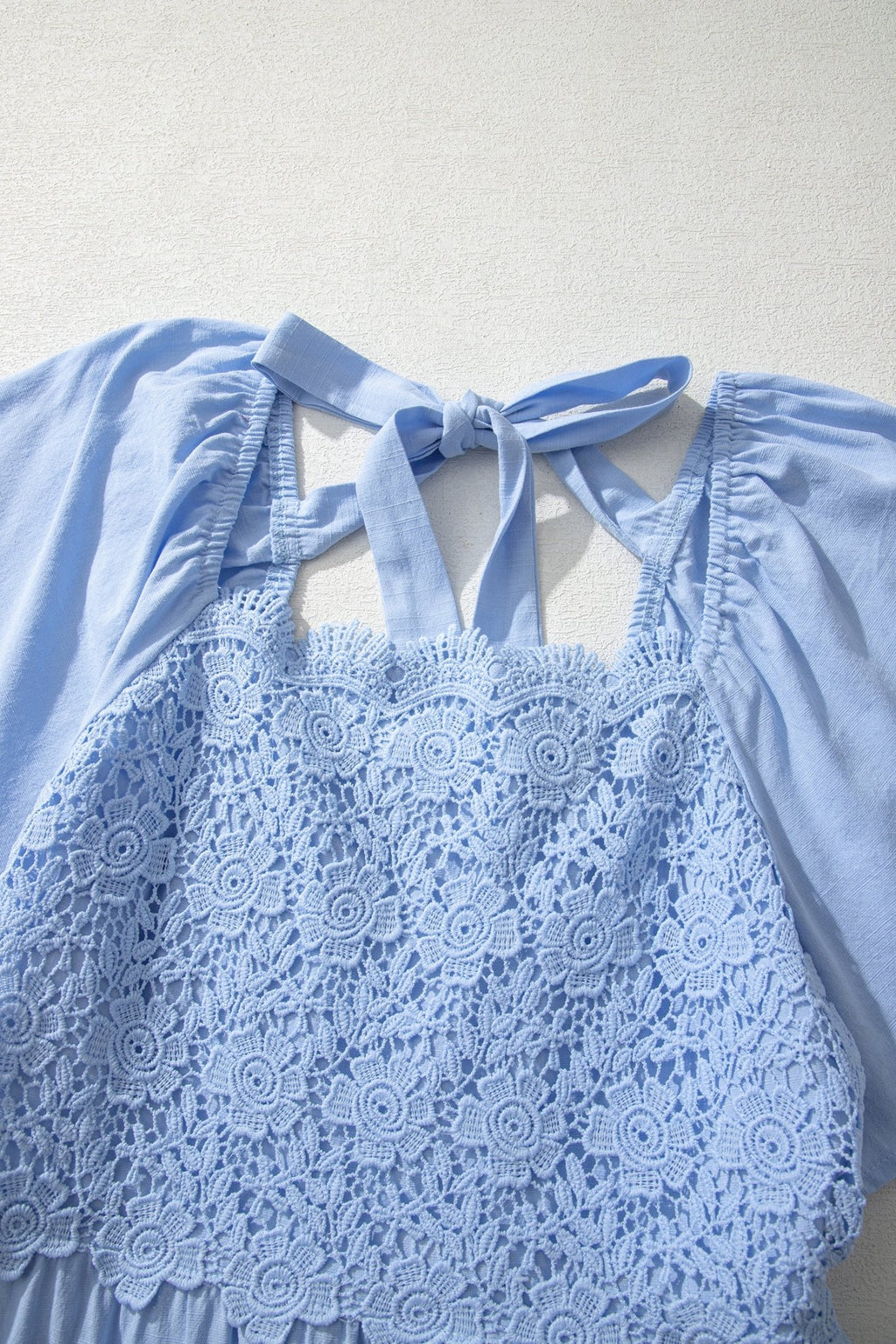 Beau Blue Flowy Short Sleeve Lace Detail Square Neck Tiered Midi Dress - Crowned Energy CO.