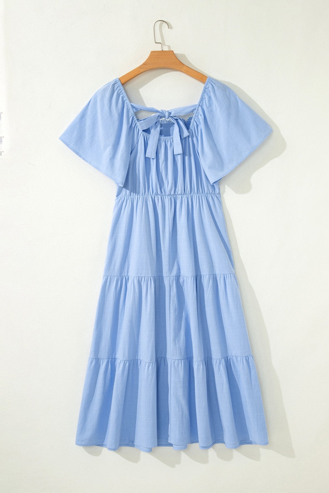 Beau Blue Flowy Short Sleeve Lace Detail Square Neck Tiered Midi Dress - Crowned Energy CO.